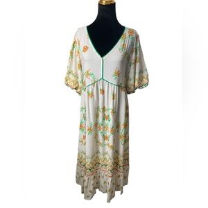 Anthropologie Fig & Flower Floral Linen Blend Maxi Dress Sz L Bohemian Summer